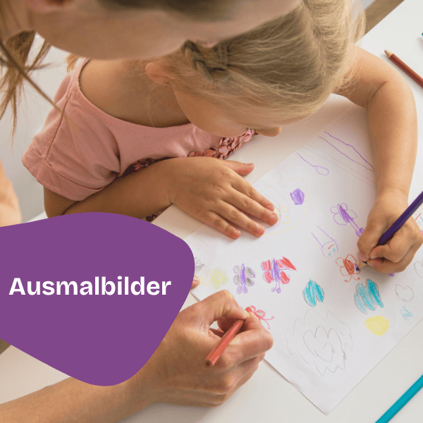Ein junges Mädchen und ein Erwachsener malen gemeinsam auf einem Blatt Papier mit lebendigen Zeichnungen. Das Wort Ausmalbilder erscheint auf einer lila Form in der unteren linken Ecke.