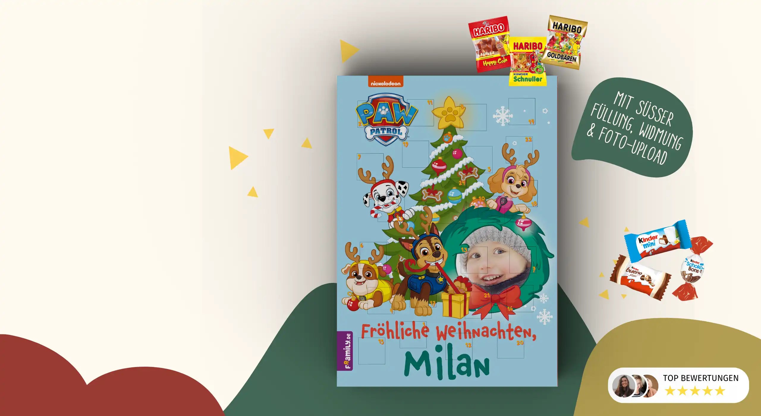 Personalisierter Adventskalender von Paw Patrol mit Schokoladen- oder Weingummi-Füllung