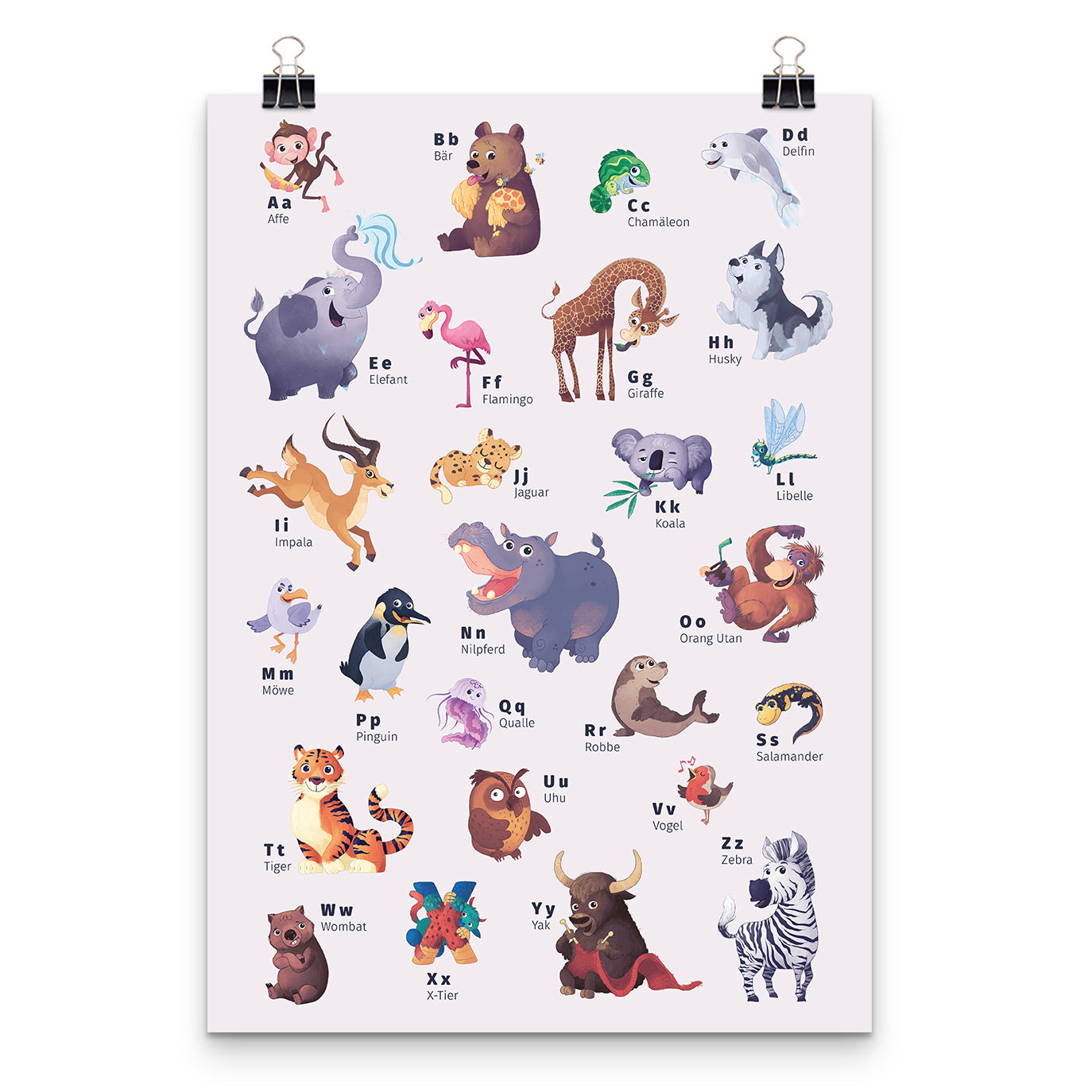Das Framily Tier-ABC Poster ist eine illustrierte Darstellung des ABCs mit niedlichen Tieren für jeden Buchstaben, wie Affe für A und Bär für B, ... - ideal für das Kinderzimmer.