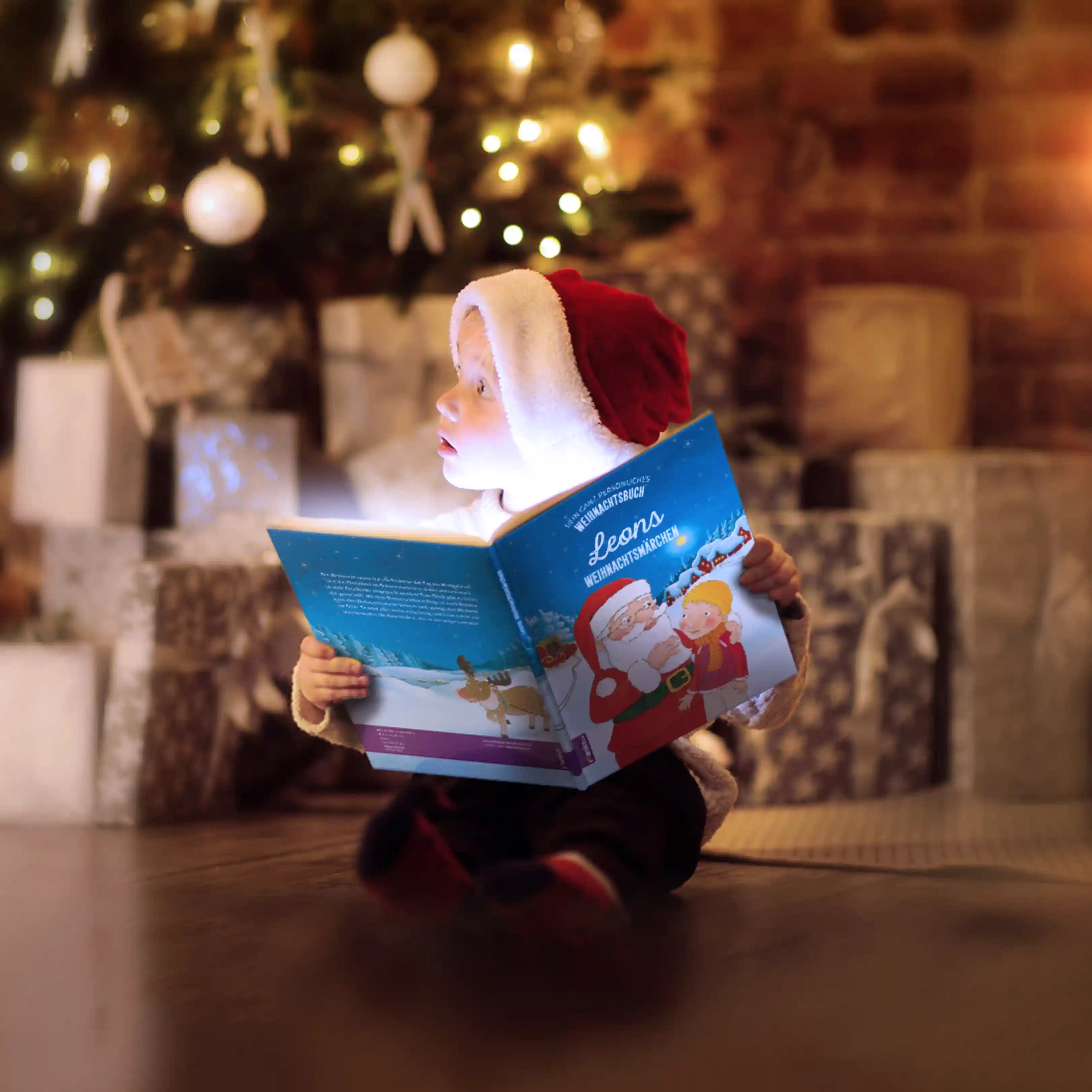Kleiner Junge sitzt vorm Weihnachtsbaum mit Geschenken und hält das Buch "Leons Weihnachtsmärchen" aufgeschlagen in der Hand