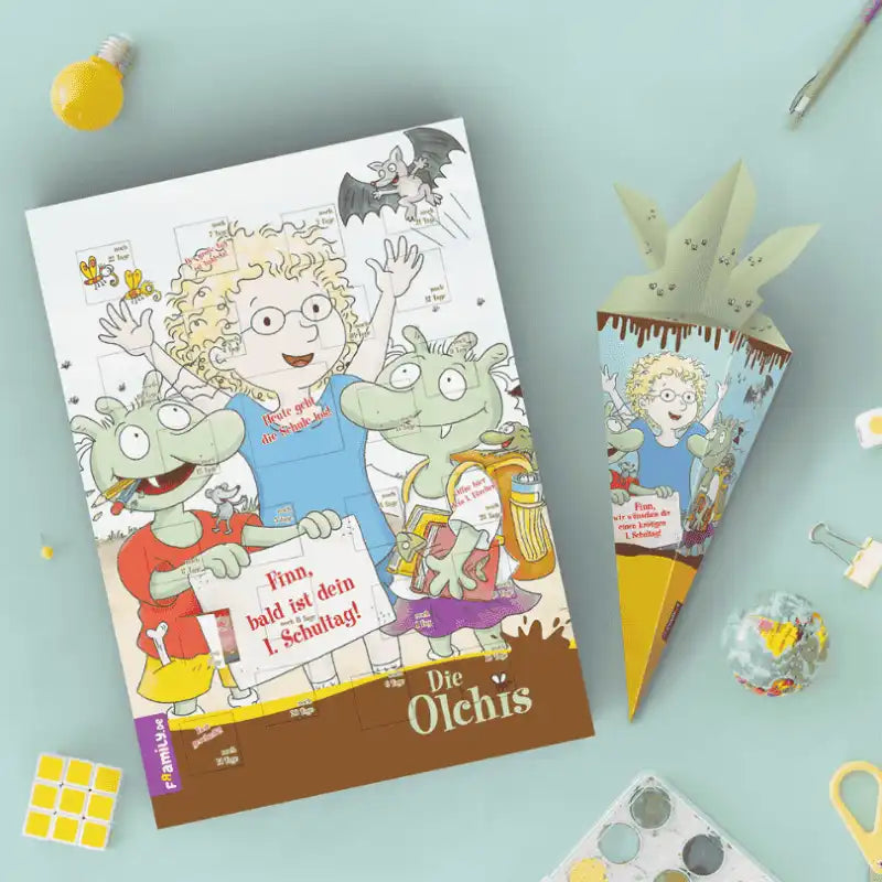 Der Olchis Countdown-Schulstart-Kalender von Framily mit passender Olchis-Schultüte - die perfekte Kombination für die Einschulung!