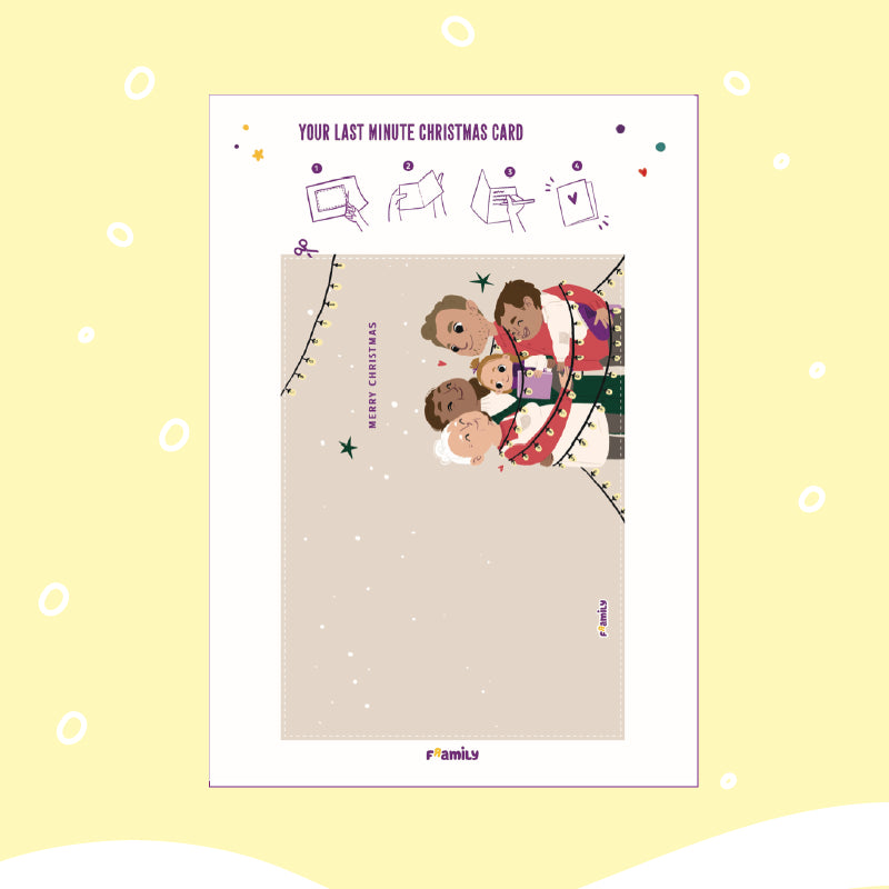 Eine illustrierte Weihnachtskarte zum Ausdrucken zeigt eine fünfköpfige Familie, die sich umarmt und in Lichterketten eingewickelt ist, mit einem Text "Frohe Weihnachten" und festlicher Dekoration. Eine leicht verständliche Anleitung zum Zusammensetzen der Karte ist oben abgebildet.