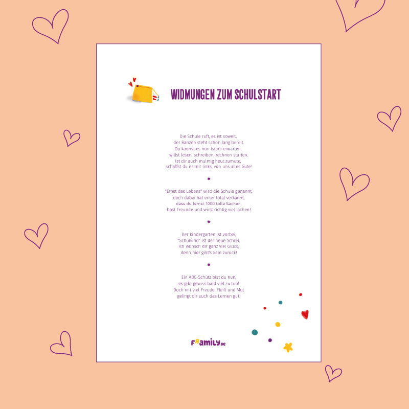 Widmungen zum Schulstart als kostenlosen Download, mit bunten Herzen und Punkten.
