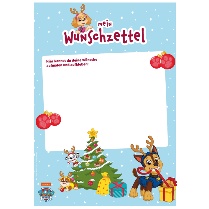 Eine festliche Paw Patrol-Weihnachtswunschliste mit verspielten Welpen, einem geschmückten Weihnachtsbaum, Geschenken, Kugeln und Schneeflocken auf einem blauen Hintergrund. In der Mitte befindet sich ein weißes Feld zum Schreiben von Wünschen.