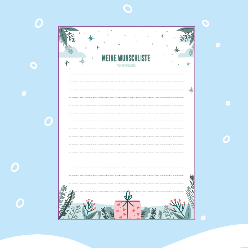 Kostenlose Vorlage zum Download: Eine weihnachtliche Wunschzettel-Vorlage mit dem Titel MEINE WUNSCHLISTE. Der Rahmen zeigt Winterpflanzen und ein eingepacktes Geschenk, mit gepunkteten Linien zum Schreiben von Wünschen.