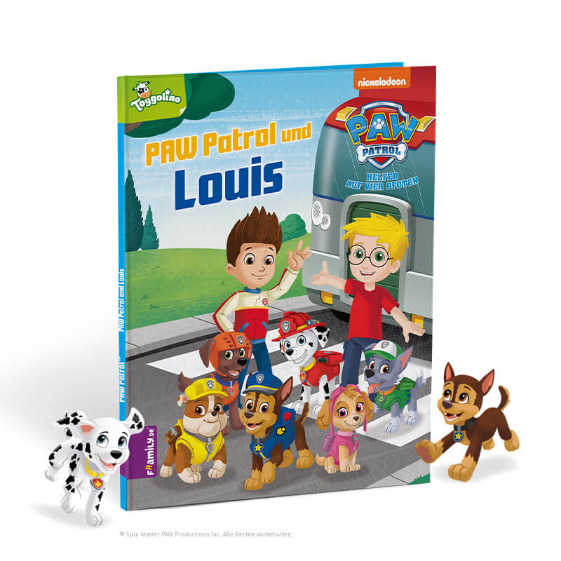 Cover des Framily-Buchs „PAW Patrol und Louis“, das die PAW Patrol und einen lächelnden Jungen draußen neben einem Bus zeigt, bereit für ihr nächstes Abenteuer.