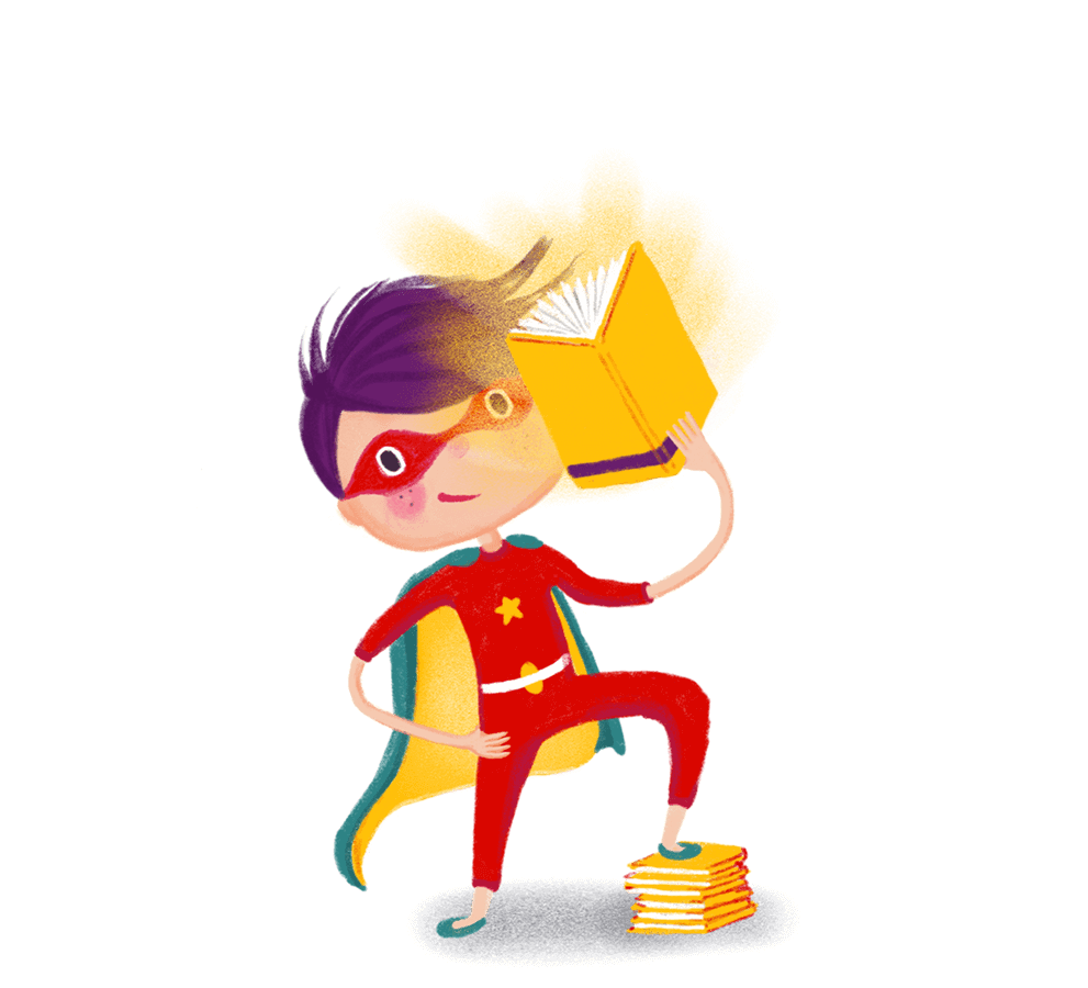 Illustration eines Kindes, das als Superheld gekleidet ist, einen Umhang und ein rotes Kostüm trägt und ein leuchtendes Buch in die Höhe hält, während es mit Zuversicht und Fantasie auf einem Bücherstapel steht.