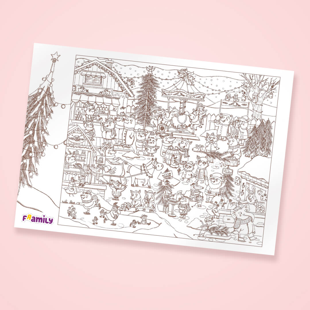 Eine Schwarz-Weiß-Malvorlage zeigt eine lebendige Winterurlaubsszene mit Tieren und Schneemännern, die festliche Aktivitäten genießen. Der Hintergrund zeigt Bäume, ein Haus und einen geschmückten Baum. Das "Family"-Logo erscheint in der unteren linken Ecke.