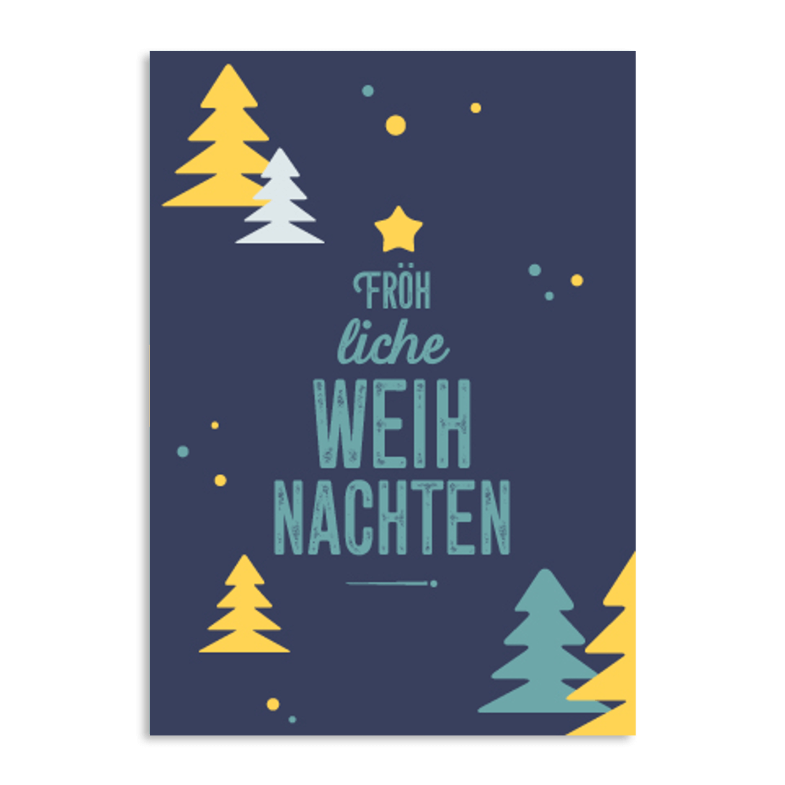 Die Grußkarte "Fröhliche Weihnachten" von Framily hat einen dunkelblauen Hintergrund, gelbe und blaugrüne Bäume, festliche Punkte und Sterne sowie einen Schriftzug mit Weihnachtsgrüßen - perfekt für die Adventszeit.