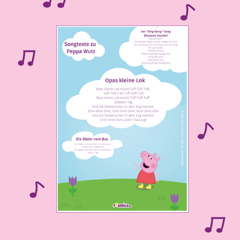 Vorlage zum kostenlosen Download:
Illustration von Peppa Pig, die lächelnd im Gras mit Blumen unter einem blauen Himmel mit Wolken steht. Der deutsche Text verschiedener Peppa-Lieder erscheint in weißen Sprechblasen über Peppa.