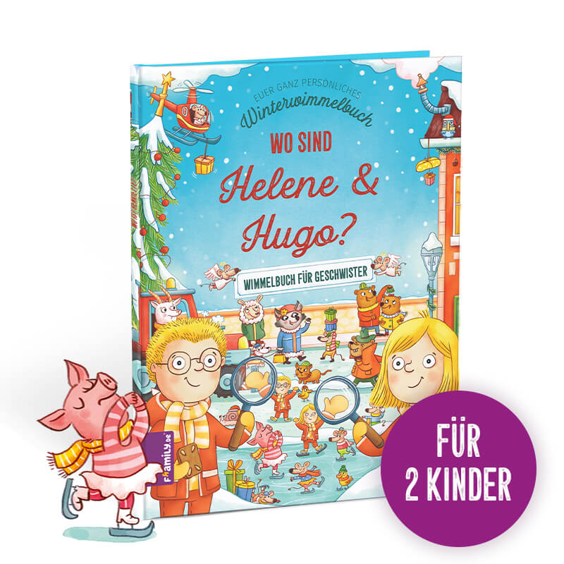 Das Cover des Winterwimmbuchs für Geschwister zeigt die beiden personalisierten Kinder vor einer bunten Winterwimmelwelt.