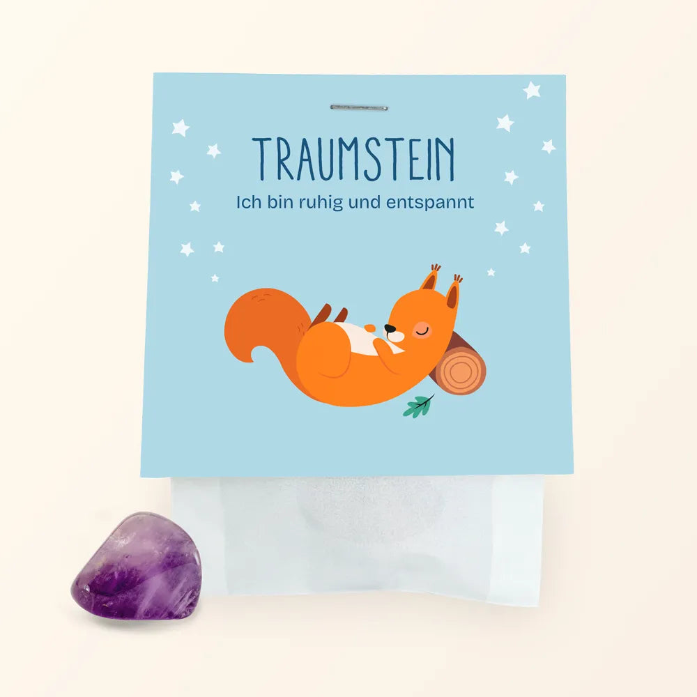 Der Traumstein von Framily ist ein Amethyst, der in einer Tüte mit einem süßen schlafenden Eichhörnchen unter den Worten "Ich bin ruhig und entspannt" als Etikett verpackt ist.