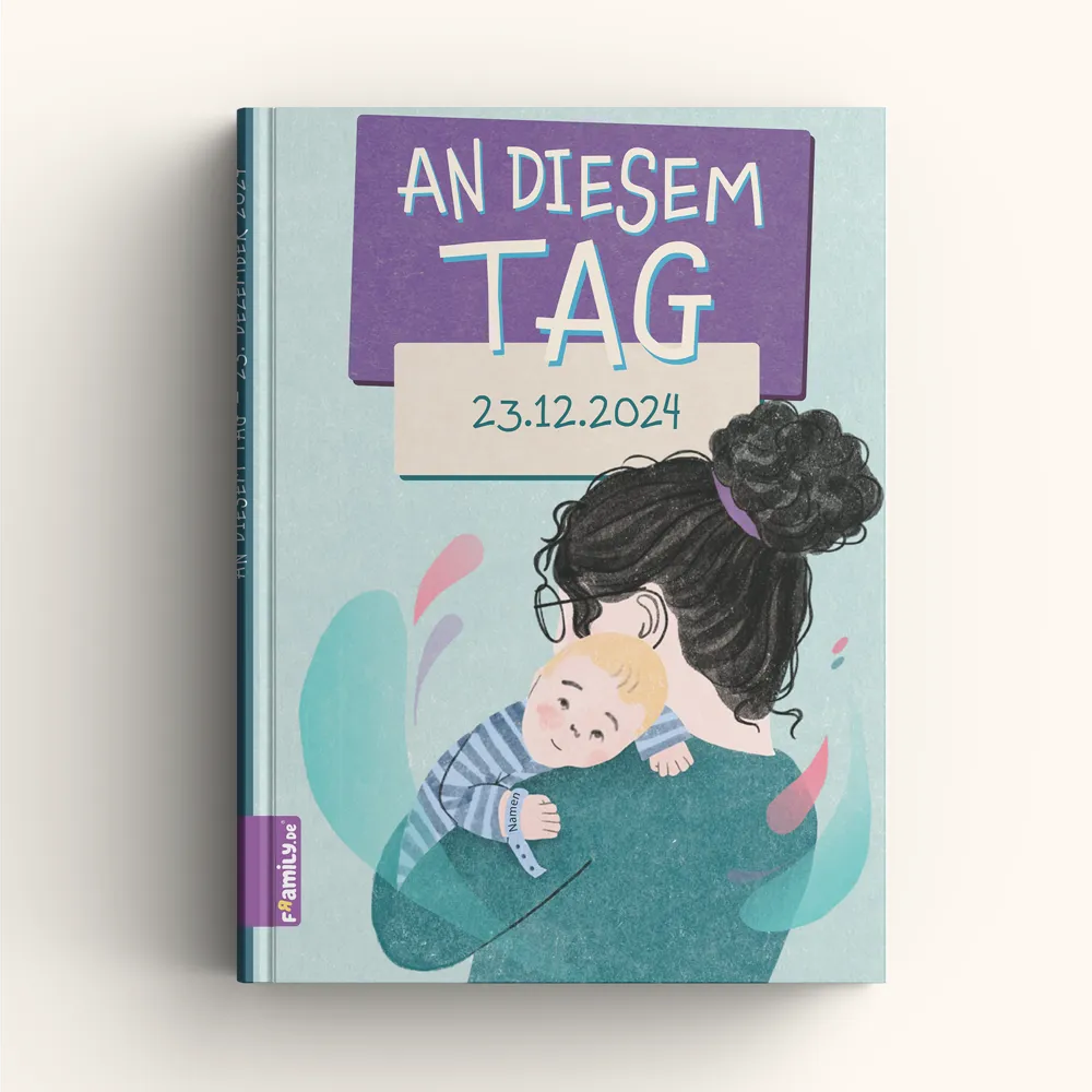 Illustriertes Buchcover, das eine Frau mit dunklem, gelocktem Haar in einem Dutt zeigt, die sanft ein schlafendes Baby hält. Der Titel "An diesem Tag" und das Datum "23.12.2024" erscheinen auf einem ruhigen, blaugrünen Hintergrund und fangen einen denkwürdigen Moment ein.