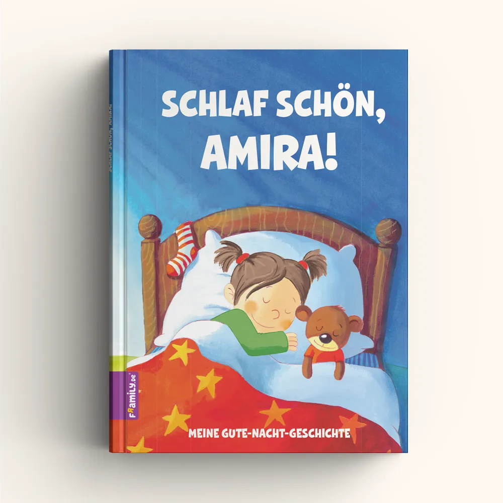 Das illustrierte Cover zeigt ein Mädchen mit braunen Zöpfen, das im Bett schläft und einen Teddybären umarmt. Der Titel "Schlaf schön, Amira!" erscheint auf blauem Hintergrund.