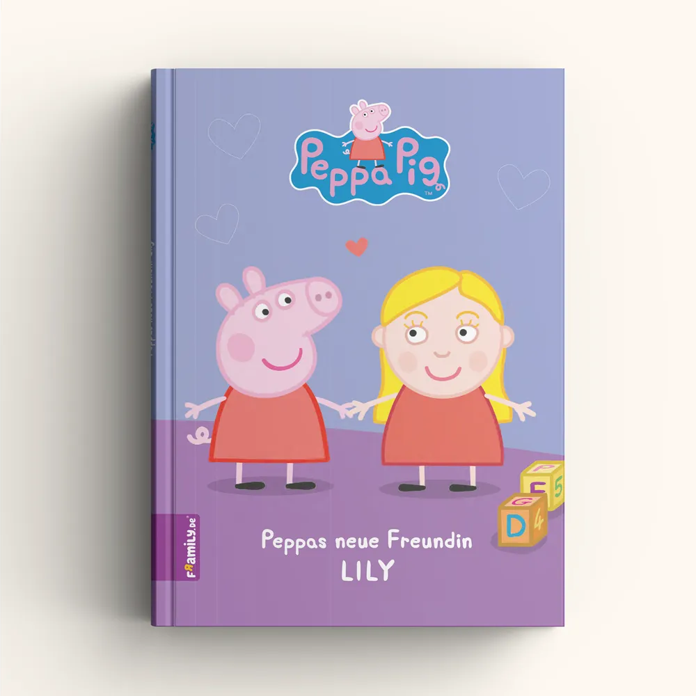 Das Cover des Framily-Buchs „Peppas neue Freundin Lily“ zeigt Peppa Pig und ein blondes Mädchen namens Lily, die Händchen halten, auf einem lila Hintergrund mit Herzen und Blöcken – ideal für junge Peppa Pig-Fans.
