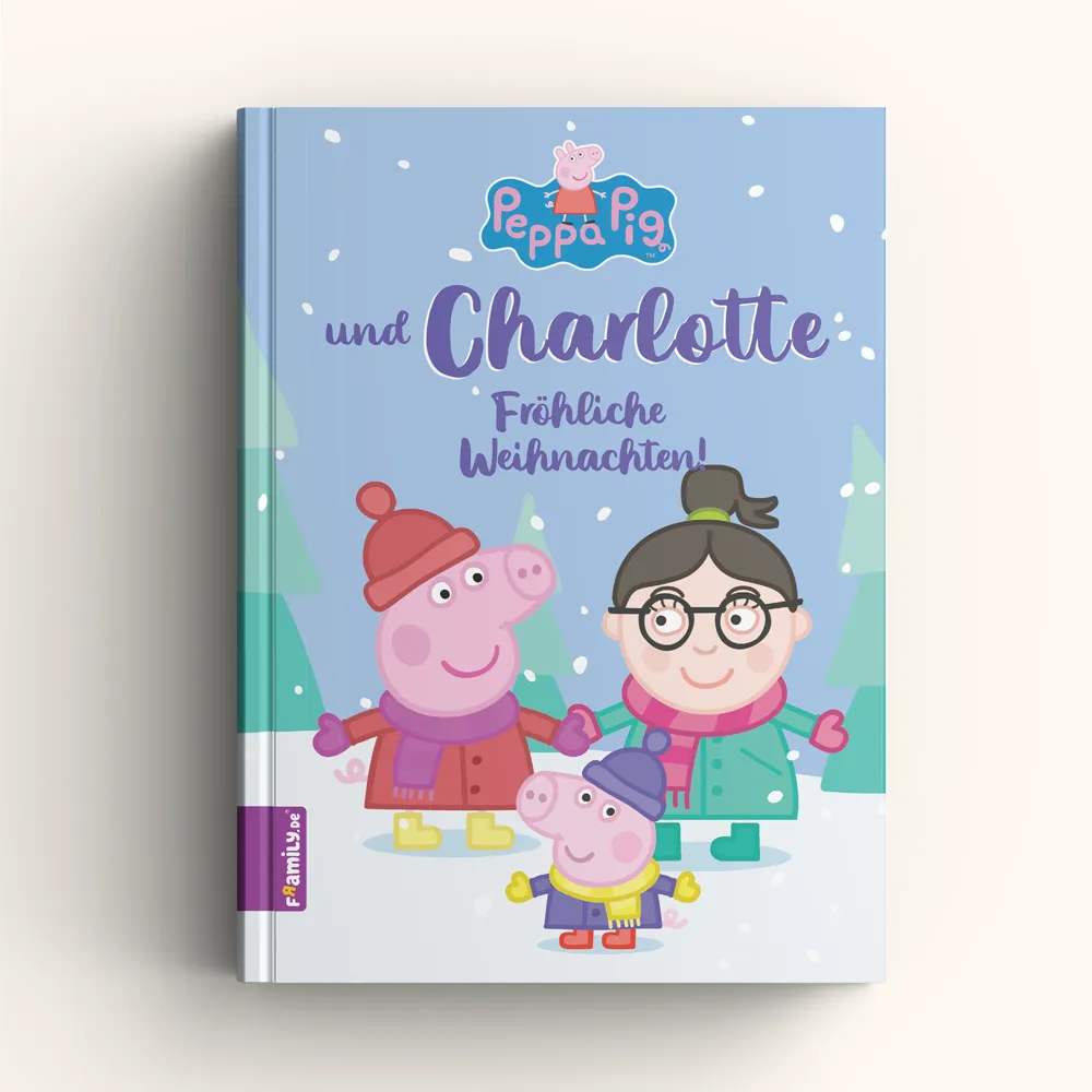 Das Cover "Peppa Pig und Charlotte - Fröhliche Weihnachten" zeigt Peppa Pig, Schorsch und dunkelhaariges Mädchen in Winterkleidung, die im verschneiten Wald stehen.