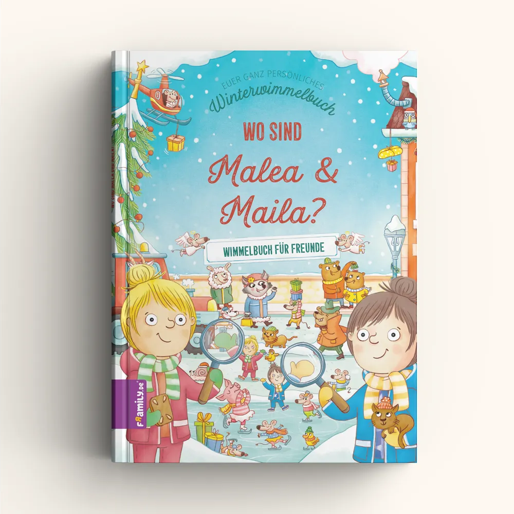 Das Framily Winterwimmbuch für Geschwister zeigt ein farbenfrohes Cover mit zwei Mädchen, die Lupen halten, umgeben von verspielten Tieren und festlicher Winterdekoration. Der Titel lautet "Wo sind Malea & Maila?".