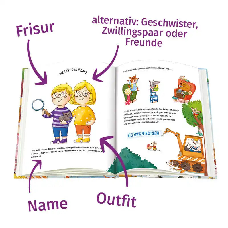 Aufgeschlagene Seite mit Personalisierungsoptionen Frisur, Name, Outfit und alternativ Geschwister, Zwillingspaar oder Freunde