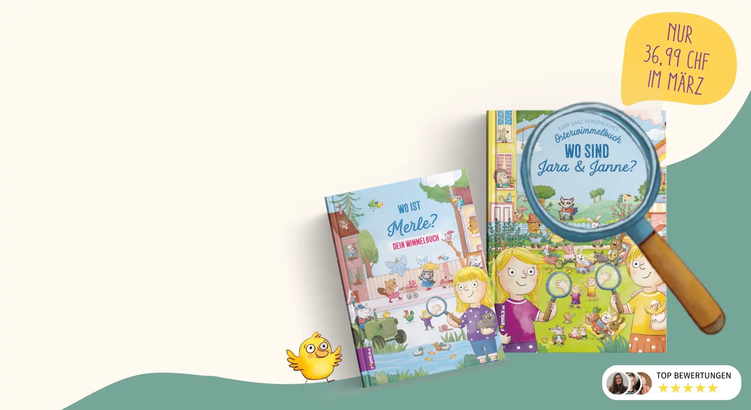 5 CHF sparen auf alle Wimmelbücher im März. Produktabbildung der Wimmelbücher mit Lupe und Osterküken