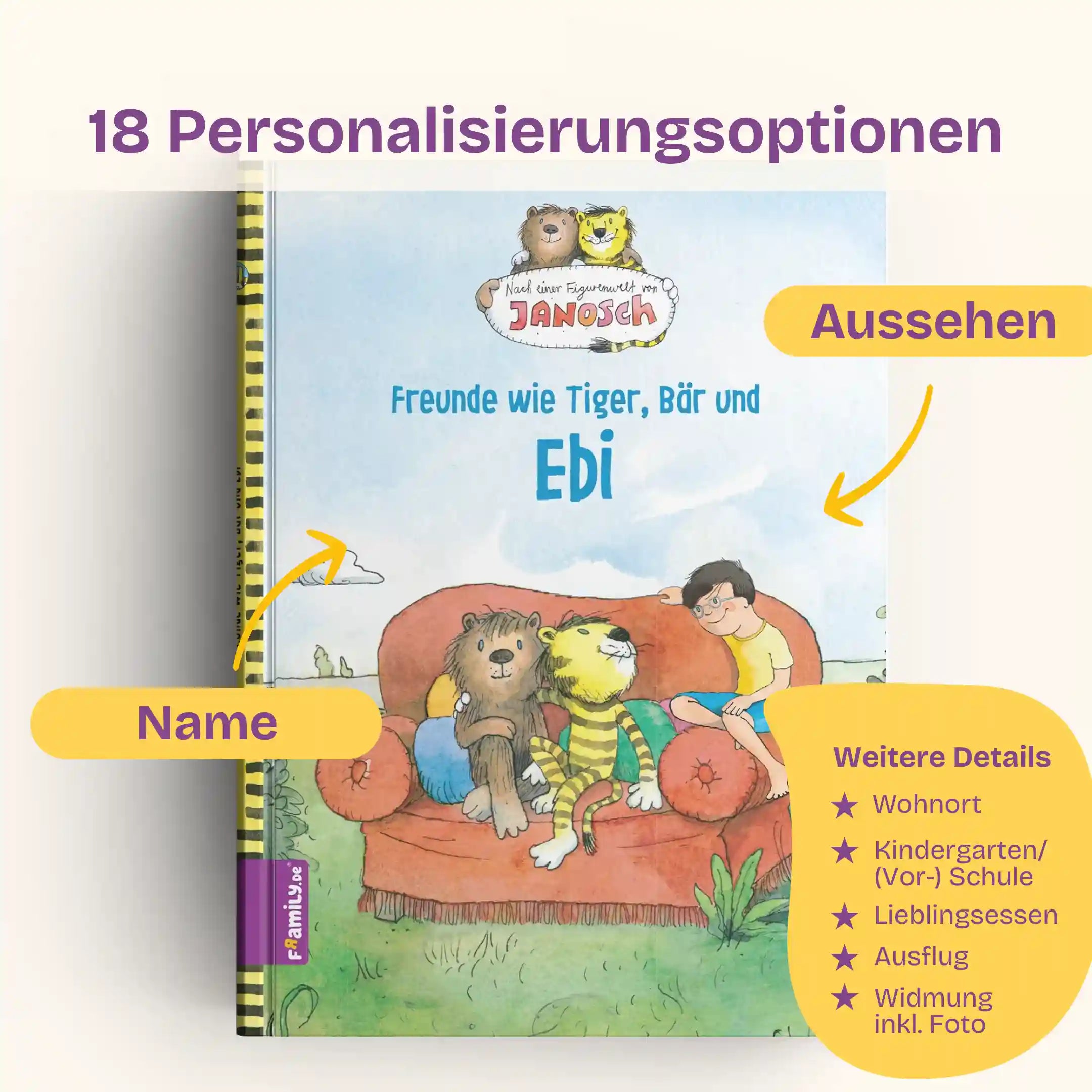 18 Personalisierungsoptionen: Name und Aussehen des Kindes, Wohnort, Kindergarten/Vorschule/Schule, Lieblingsessen, Ausflug, Widmung inklusive Foto