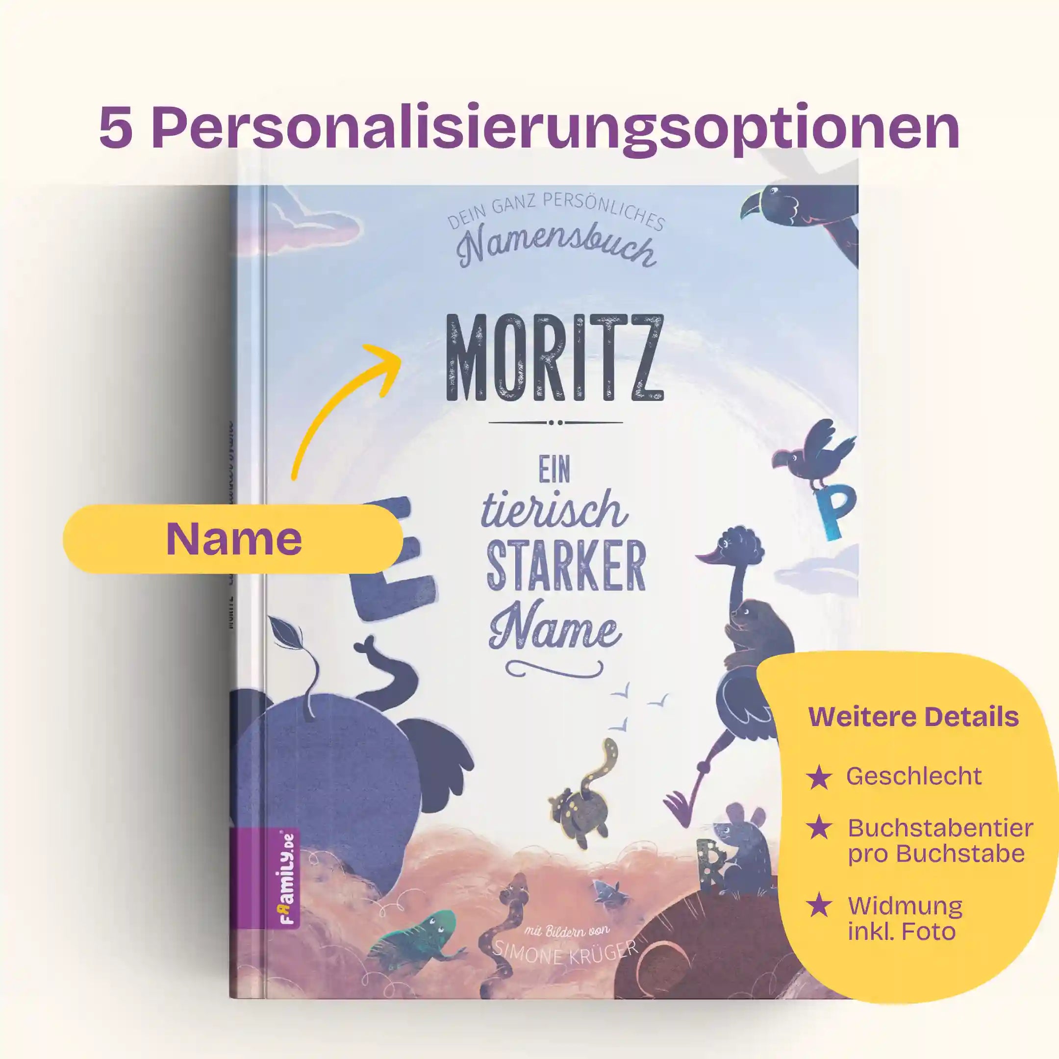 5 Personalisierungsoptionen: Name, Geschlecht, Buchstabentier pro Buchstabe, Widmung inklusive Foto