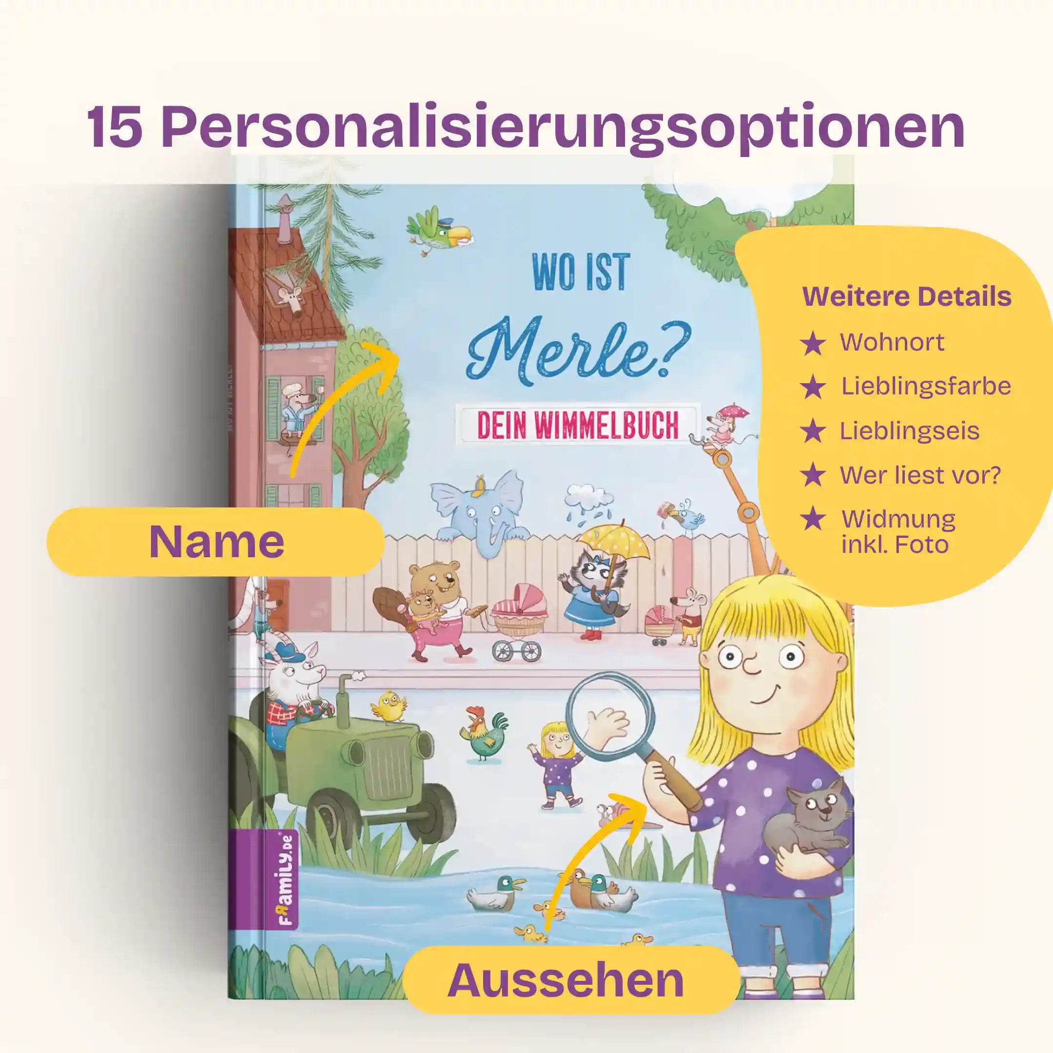 15 Personalisierungsoptionen: Name und Aussehen des Kindes, Wohnort, Lieblingsfarbe, Lieblingseis, Wer liest vor?, Widmung inklusive Foto