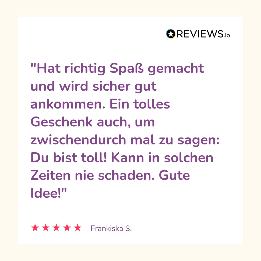 Produktbewertung: "Hat richtig Spass gemacht und wird sicher gut ankommen Ein tolles Geschenk auch, um zwischendurch zu sagen: Du bist toll! Kann in solchen Zeiten nie schaden. Gute Idee!"