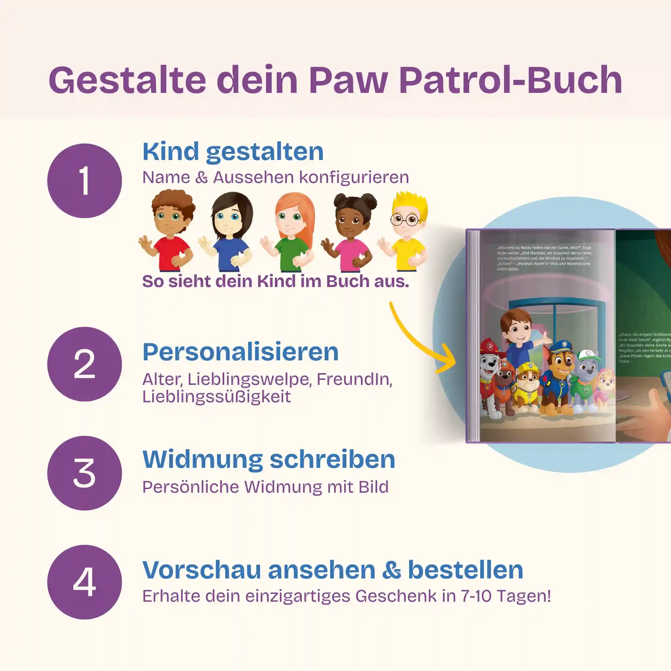 In 4 Schritten zu deinem Paw Patrol-Buch: Kind gestalten - Personalisieren (Alter, Lieblingswelpe, FreundIn, Lieblingssüßigkeit) - Widmung schreiben mit Bild - Vorschau prüfen & bestellen und dein einzigartiges Geschenk in 7-10 Tagen erhalten