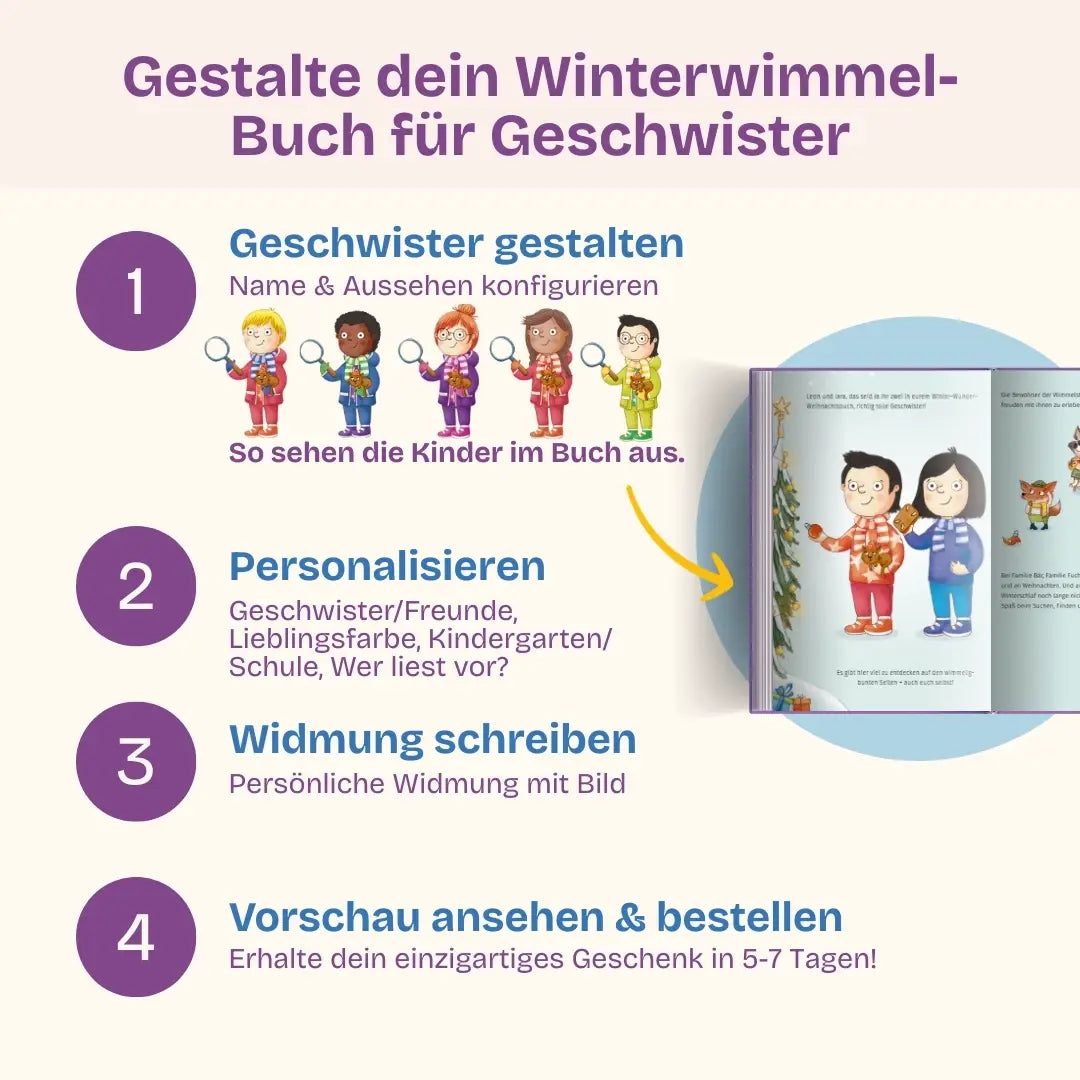 In 4 Schritten zu deinem Winterwimmelbuch für Geschwister: Kinder gestalten - Personalisieren (Geschwister/Freunde, Wohnort, Kindergarten/Schule, Wer liest vor?) - Widmung schreiben mit Bild - Vorschau prüfen & bestellen und dein einzigartiges Geschenk in 5-7 Tagen erhalten