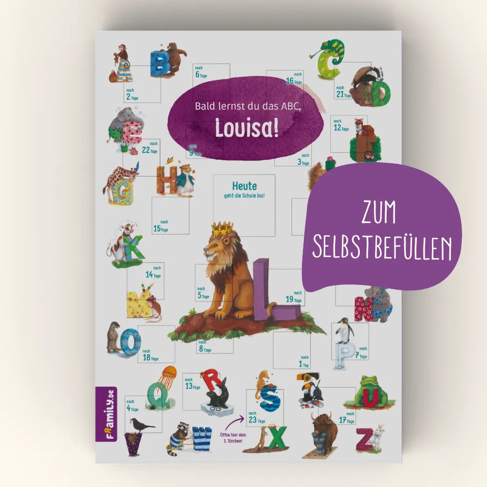 Der Framily ABC Countdown-Schulstart-Kalender zum Selbstfüllen mit dem ABC-Motiv und dem Namen Louisa – perfekt als Einschulungs-Countdown.